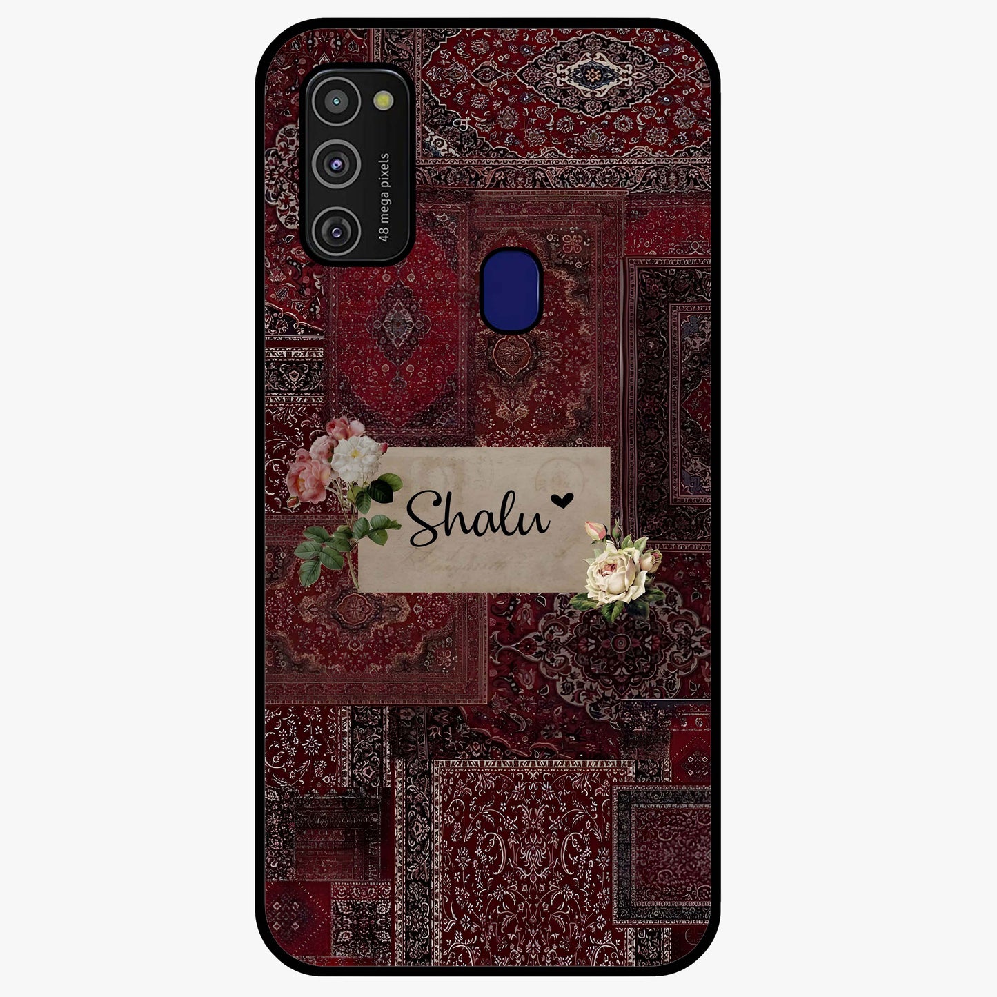 Velvet Wine Pattern Custom Name Glass Case showing flat back view with elegant wine colored pattern artwork and personalized name design.