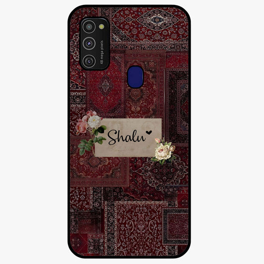 Velvet Wine Pattern Custom Name Glass Case showing flat back view with elegant wine colored pattern artwork and personalized name design.