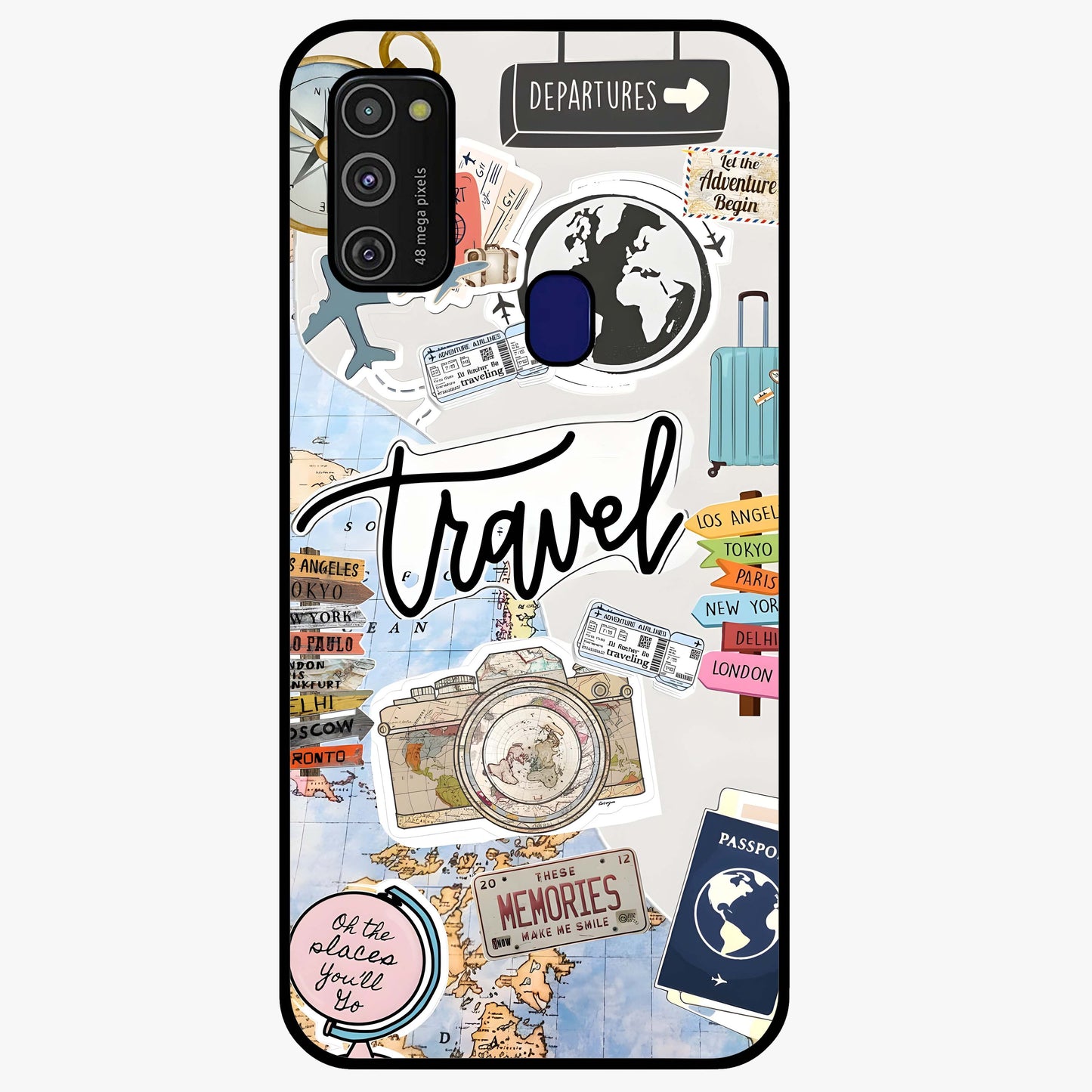 Wanderlust Journal Glass Case showing flat back view with travel inspired artwork and glossy glass finish.