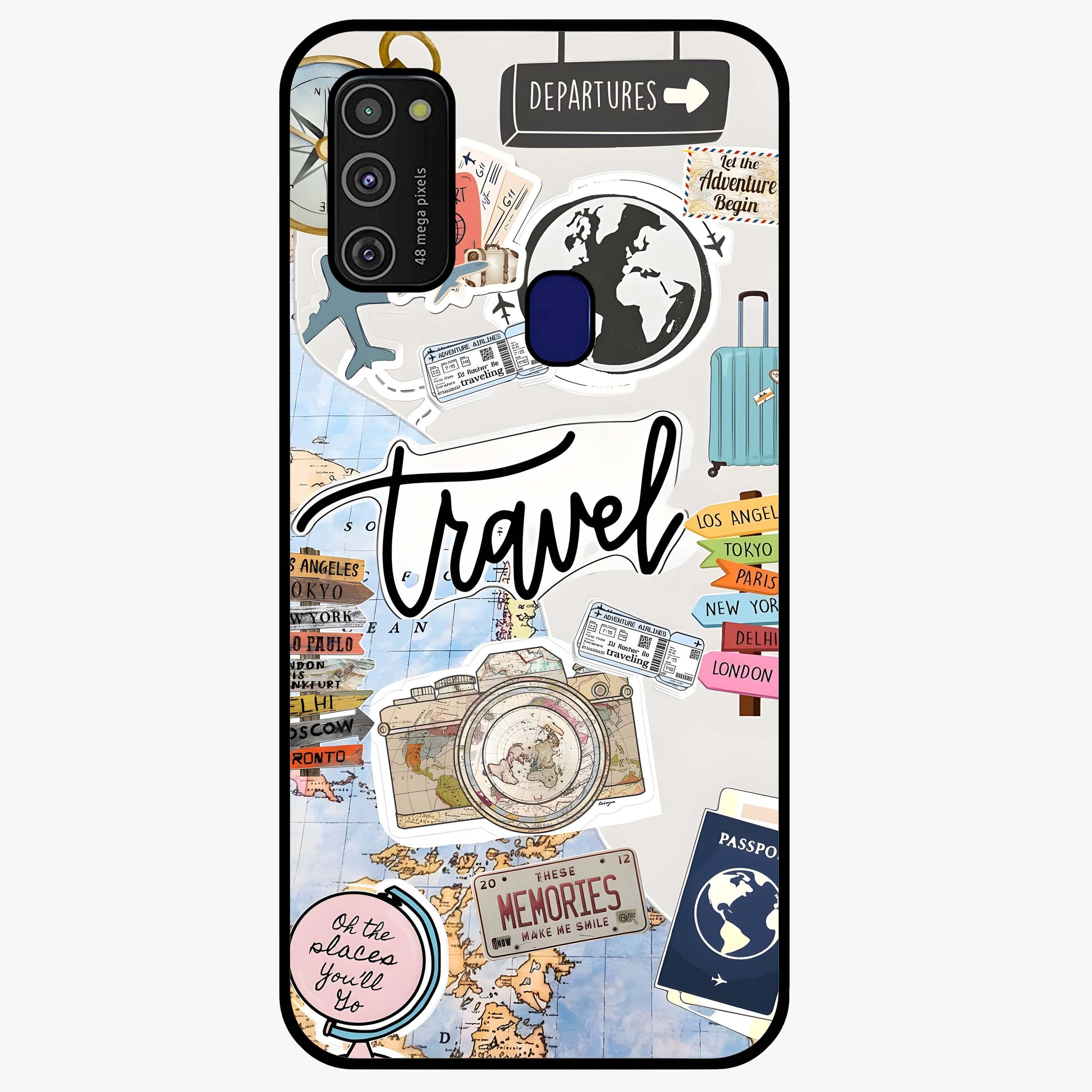 Wanderlust Journal Glass Case showing flat back view with travel inspired artwork and glossy glass finish.