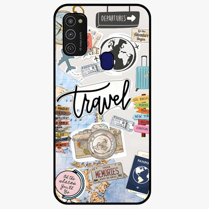 Wanderlust Journal Glass Case showing flat back view with travel inspired artwork and glossy glass finish.
