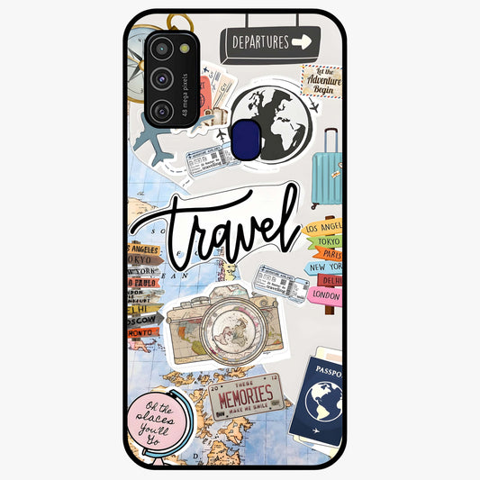 Wanderlust Journal Glass Case showing flat back view with travel inspired artwork and glossy glass finish.