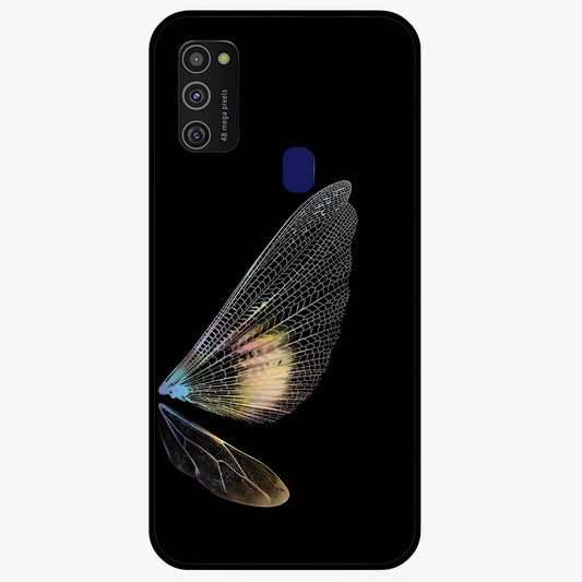 Whispers Of Wings Glass Case showing flat back view with graceful wing inspired artwork and glossy glass finish.