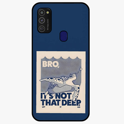 Worry Less Swim Glass Case showing flat back view with playful motivational artwork and glossy glass finish.