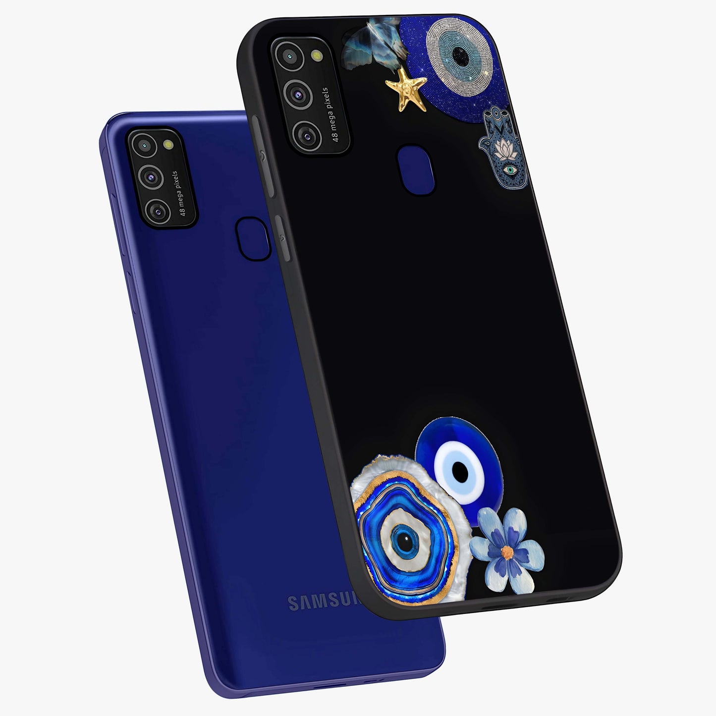 Aesthetic Blue Evil Eye Glass Case displayed in angled mockup highlighting blue evil eye symbol and spiritual aesthetic design.