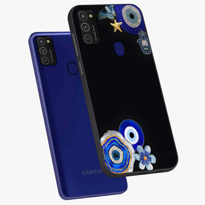 Aesthetic Blue Evil Eye Glass Case displayed in angled mockup highlighting blue evil eye symbol and spiritual aesthetic design.