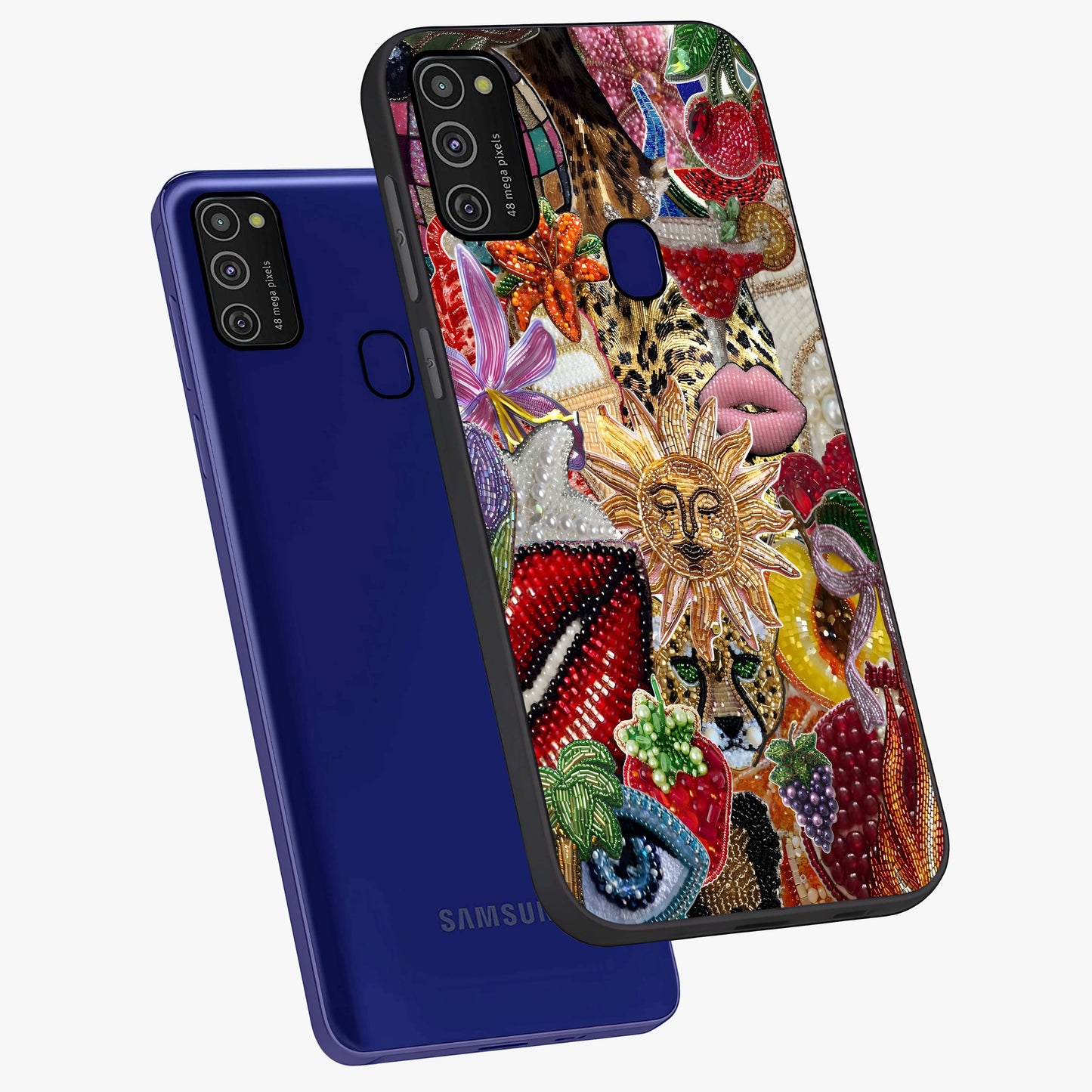 Beaded Fashion Jungle Glass Case displayed in angled mockup highlighting colorful fashion bead design and artistic pattern.
