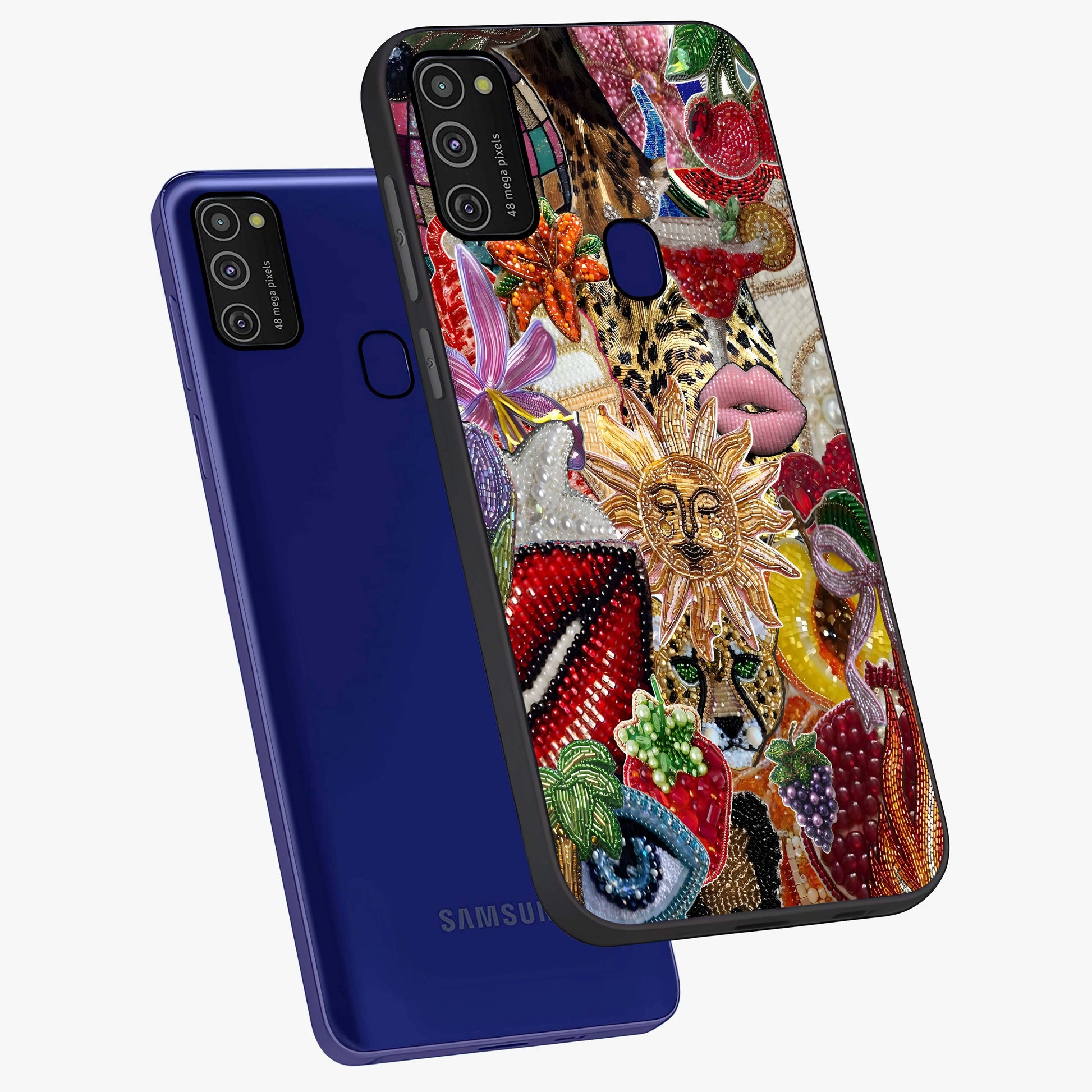 Beaded Fashion Jungle Glass Case displayed in angled mockup highlighting colorful fashion bead design and artistic pattern.
