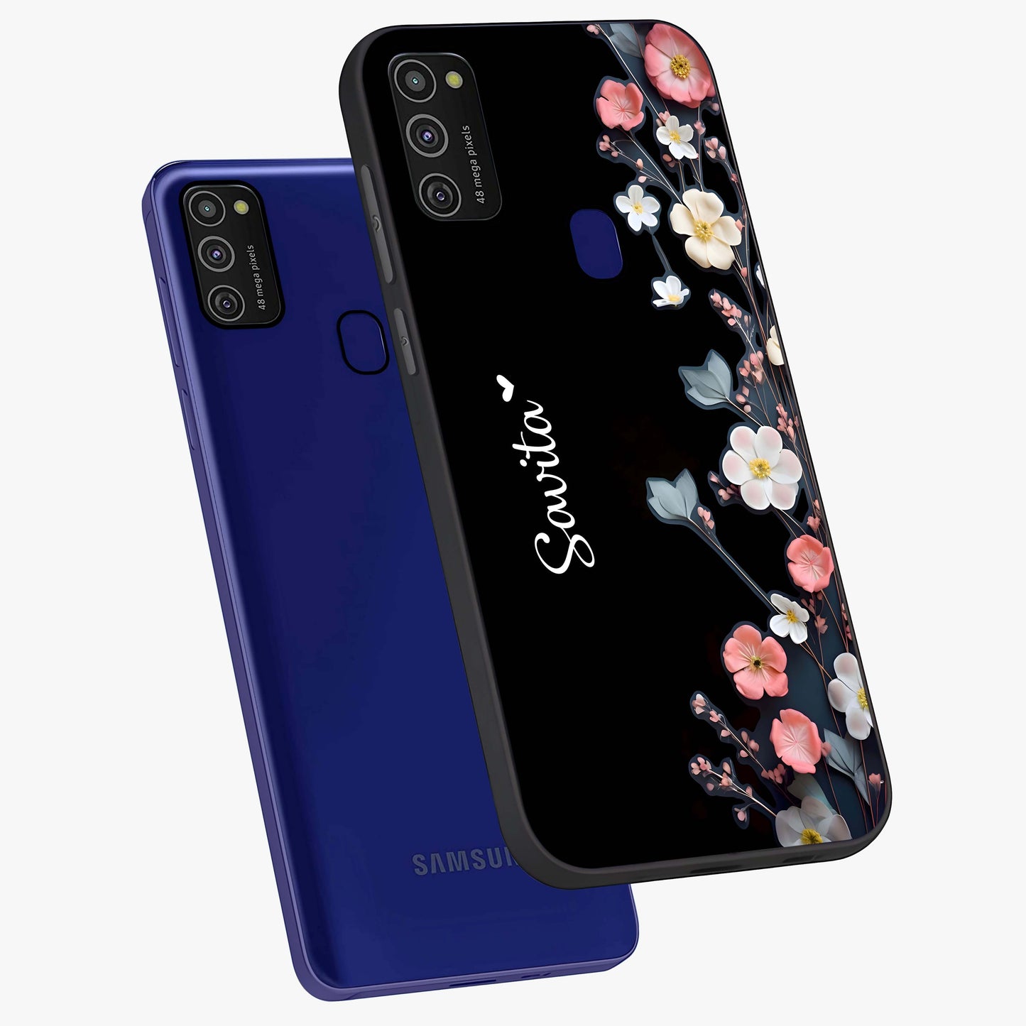 Black Elegance Floral Custom Name Glass Case displayed in angled mockup highlighting dark floral aesthetic and custom name feature.