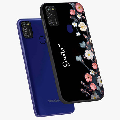 Black Elegance Floral Custom Name Glass Case displayed in angled mockup highlighting dark floral aesthetic and custom name feature.