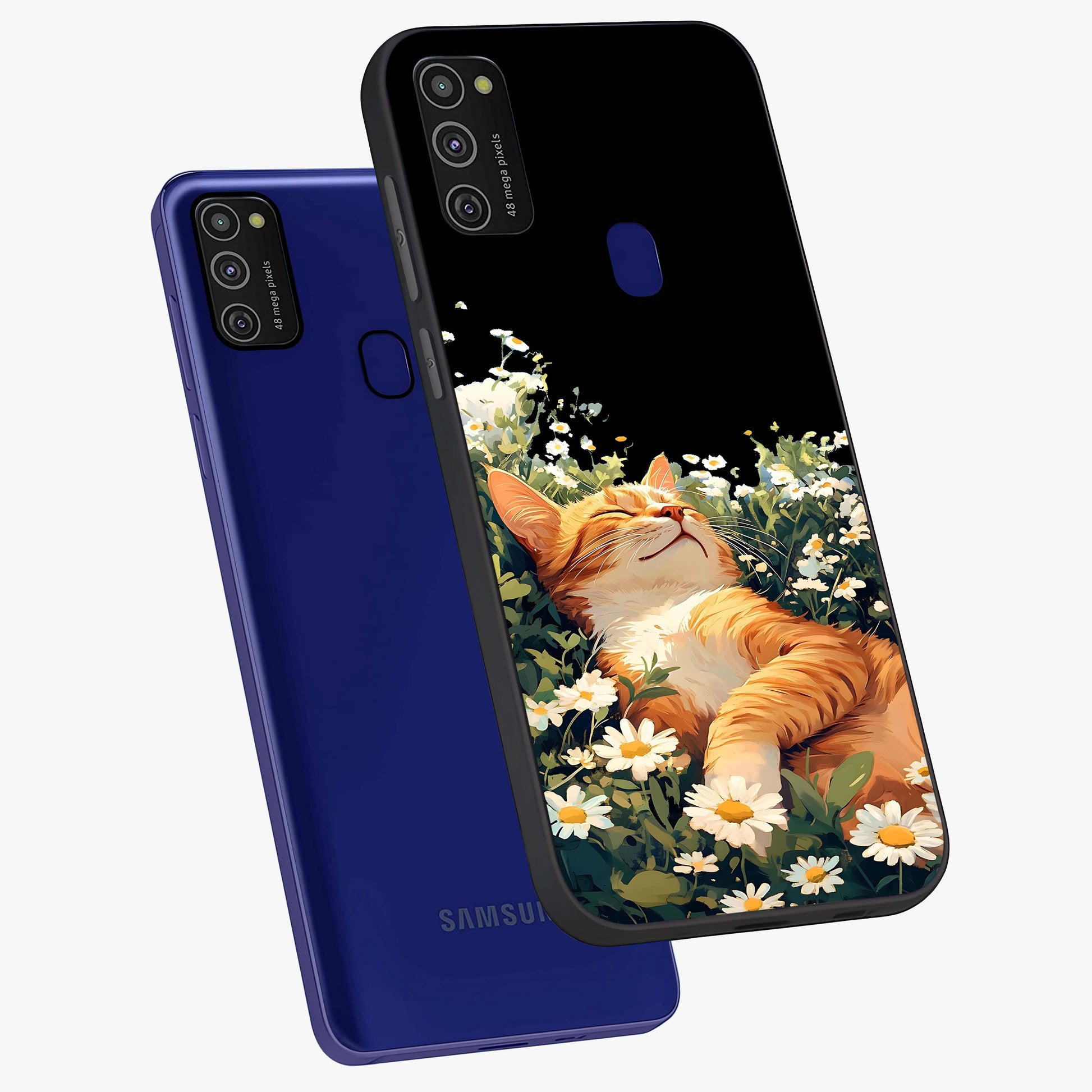 Blissful Bloom Cat Glass Case displayed in angled mockup highlighting playful feline illustration with soft floral aesthetic.