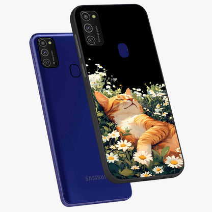 Blissful Bloom Cat Glass Case displayed in angled mockup highlighting playful feline illustration with soft floral aesthetic.