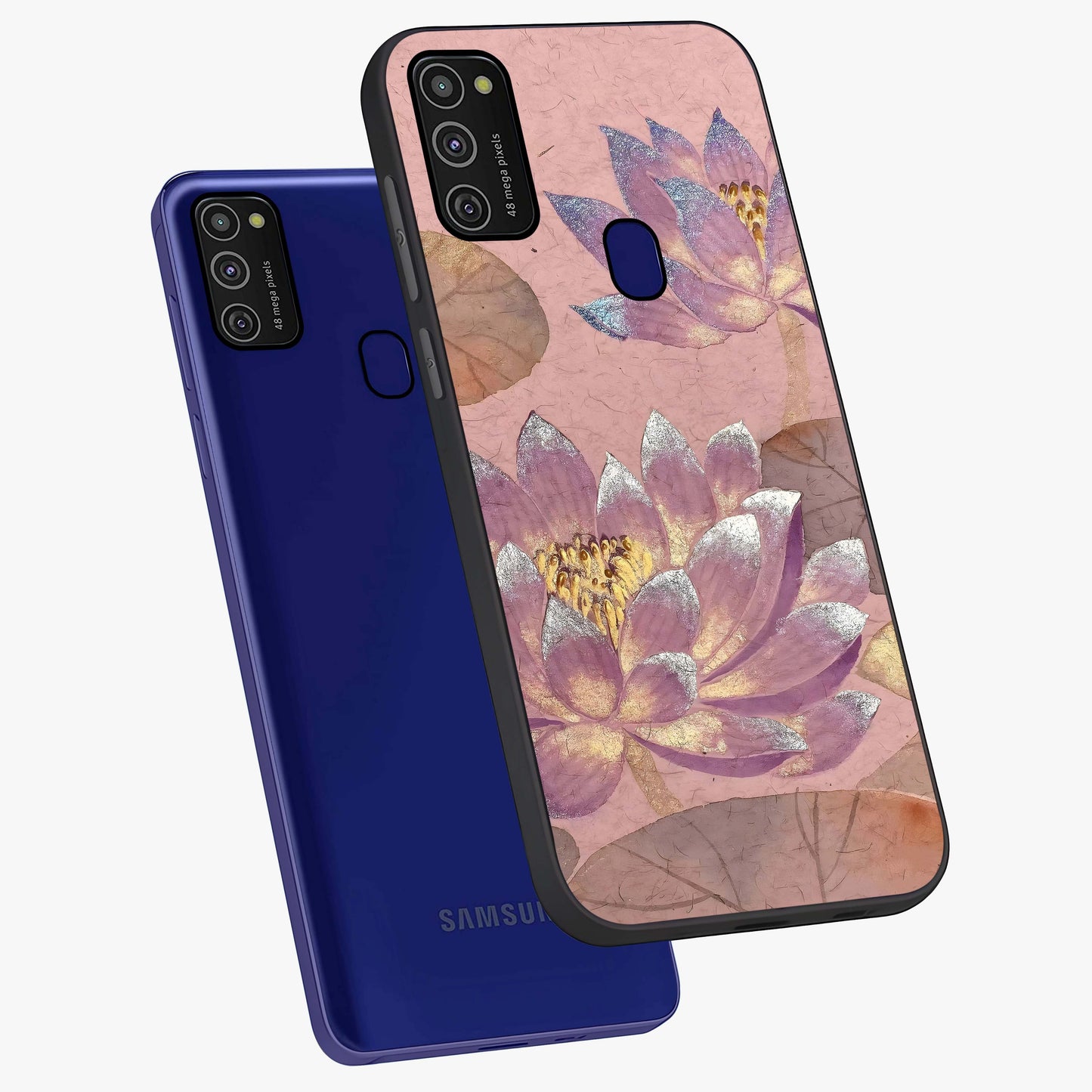 Blossom Mist Lotus Glass Case displayed in angled mockup highlighting delicate lotus illustration with calm aesthetic theme.