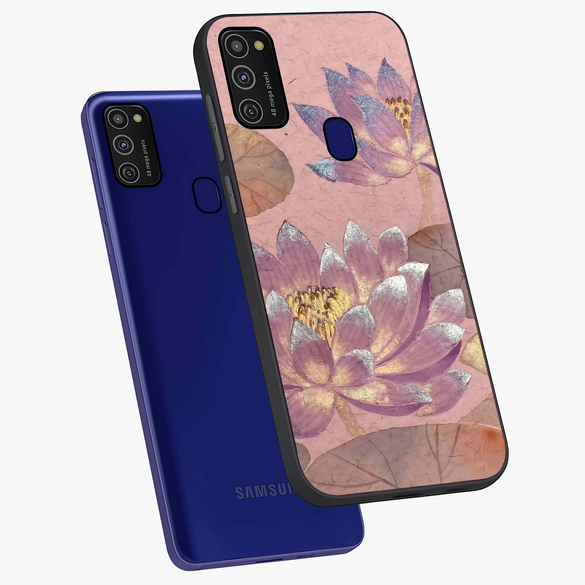 Blossom Mist Lotus Glass Case displayed in angled mockup highlighting delicate lotus illustration with calm aesthetic theme.