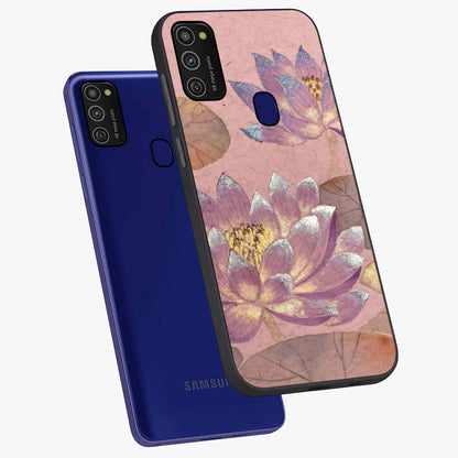 Blossom Mist Lotus Glass Case displayed in angled mockup highlighting delicate lotus illustration with calm aesthetic theme.