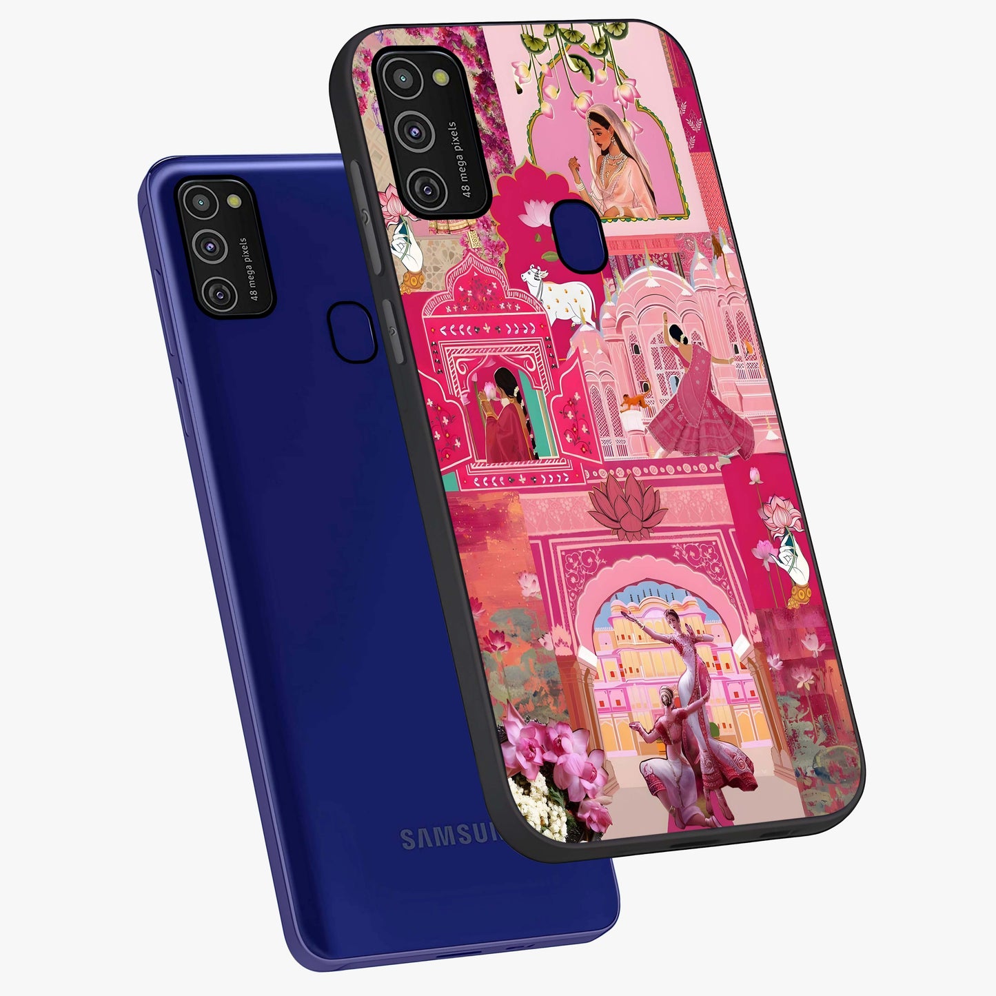Blossoms of Rajasthan Glass Case displayed in angled mockup highlighting vibrant floral pattern with cultural aesthetic style.