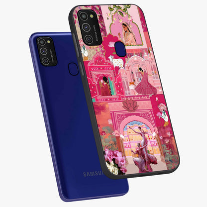 Blossoms of Rajasthan Glass Case displayed in angled mockup highlighting vibrant floral pattern with cultural aesthetic style.