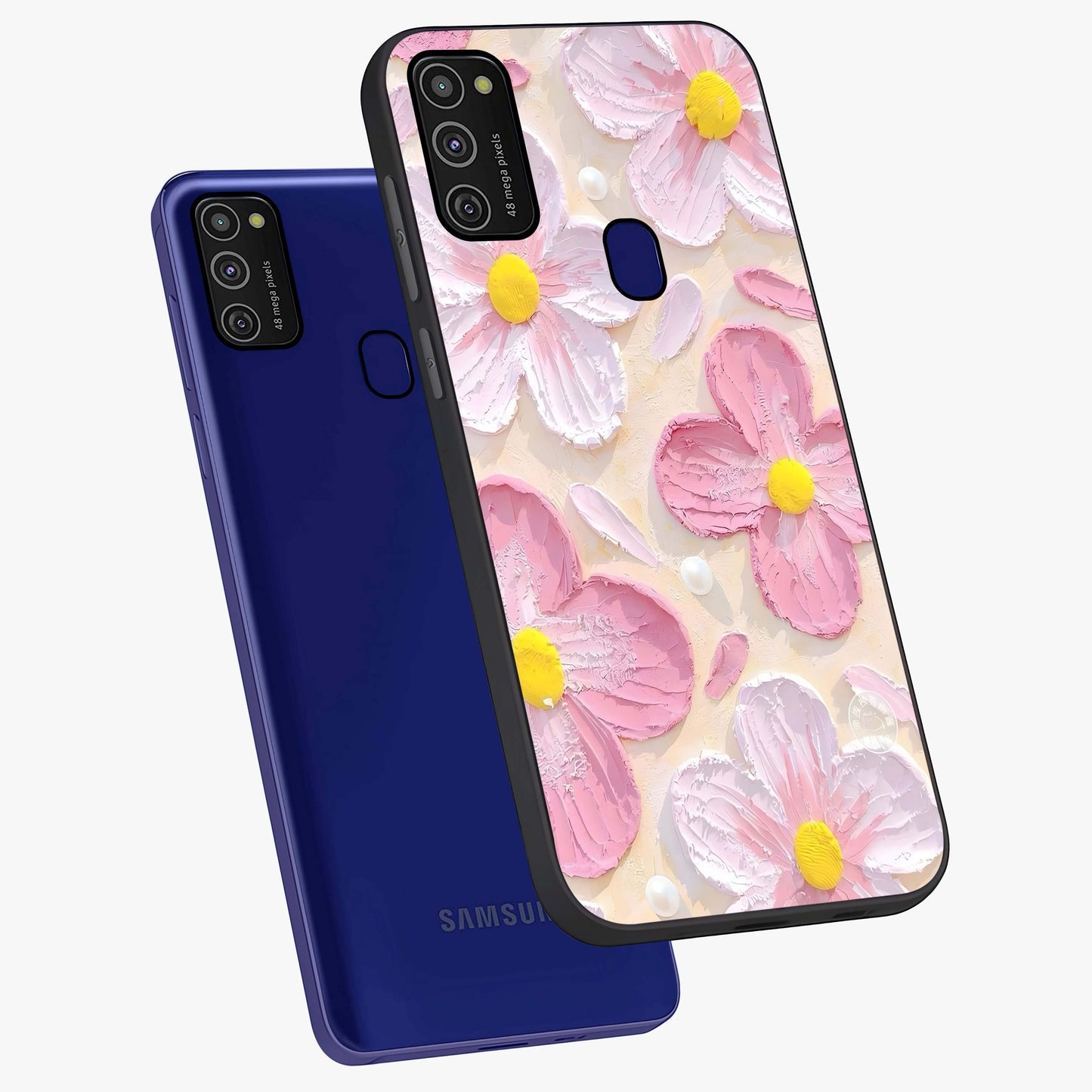 Blush Bloom Texture Glass Case displayed in angled mockup highlighting subtle bloom pattern with aesthetic pastel design.