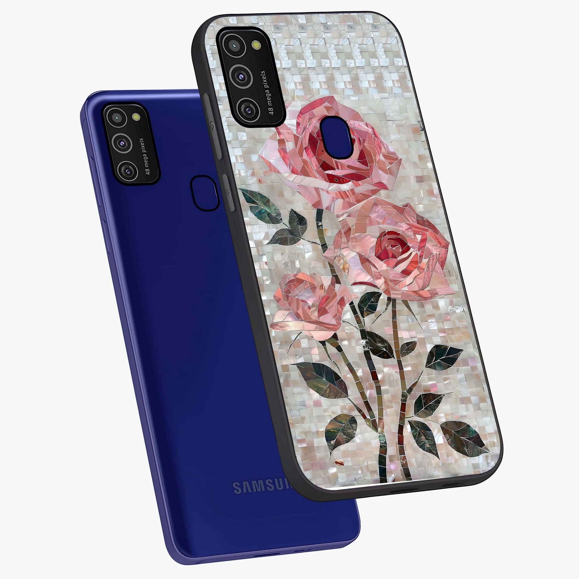 Blush Mosaic Bloom Glass Case displayed in angled mockup highlighting artistic mosaic flower pattern with aesthetic design.
