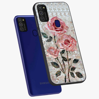 Blush Mosaic Bloom Glass Case displayed in angled mockup highlighting artistic mosaic flower pattern with aesthetic design.