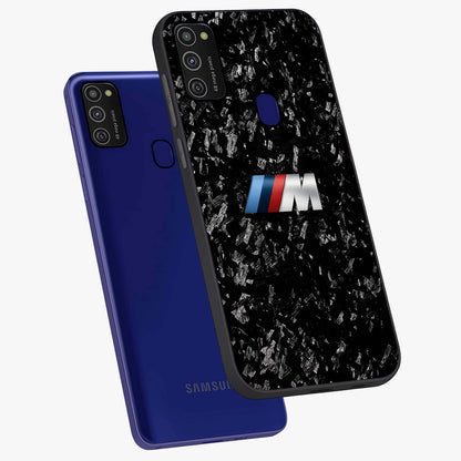 Carbon Speed Mark Glass Case displayed in angled mockup highlighting racing inspired carbon design and sleek aesthetic style.