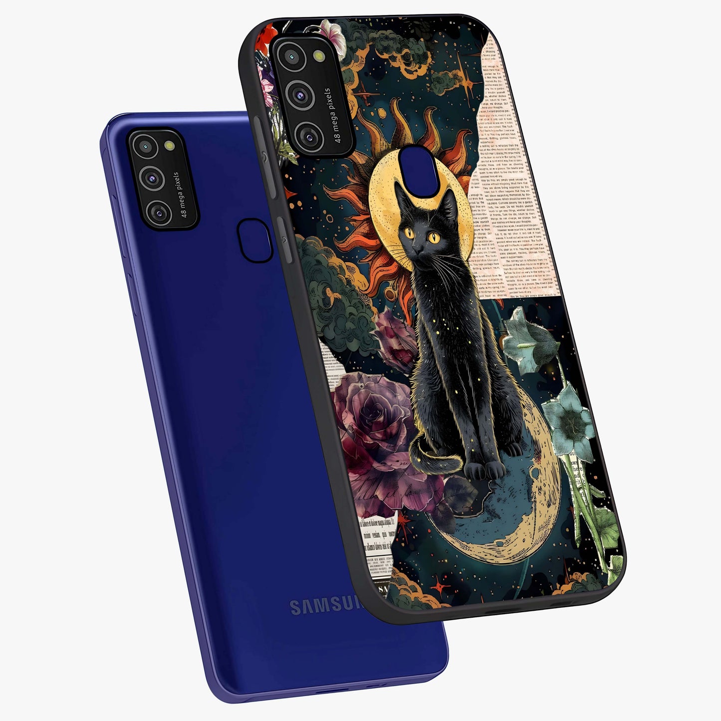 Celestial Black Cat Glass Case displayed in angled mockup highlighting cosmic black cat design with celestial aesthetic.