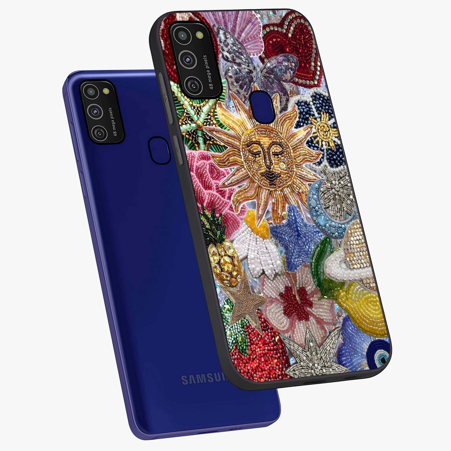 Celestial Floral and Playful Glass Case displayed in angled mockup highlighting playful floral design with dreamy celestial elements.