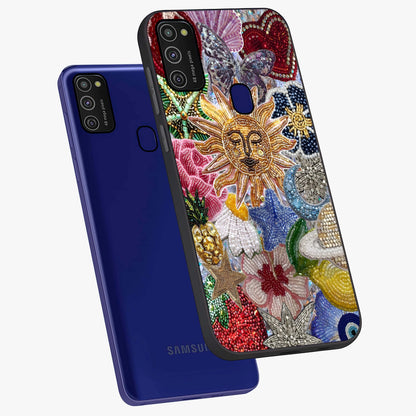 Celestial Floral and Playful Glass Case displayed in angled mockup highlighting playful floral design with dreamy celestial elements.