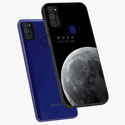 Cosmic Moon Glow Glass Case displayed in angled mockup highlighting celestial moon design with cosmic aesthetic theme.