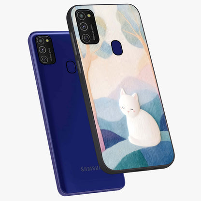 Cotton Dream Cat Glass Case displayed in angled mockup highlighting cute feline illustration with pastel aesthetic style.