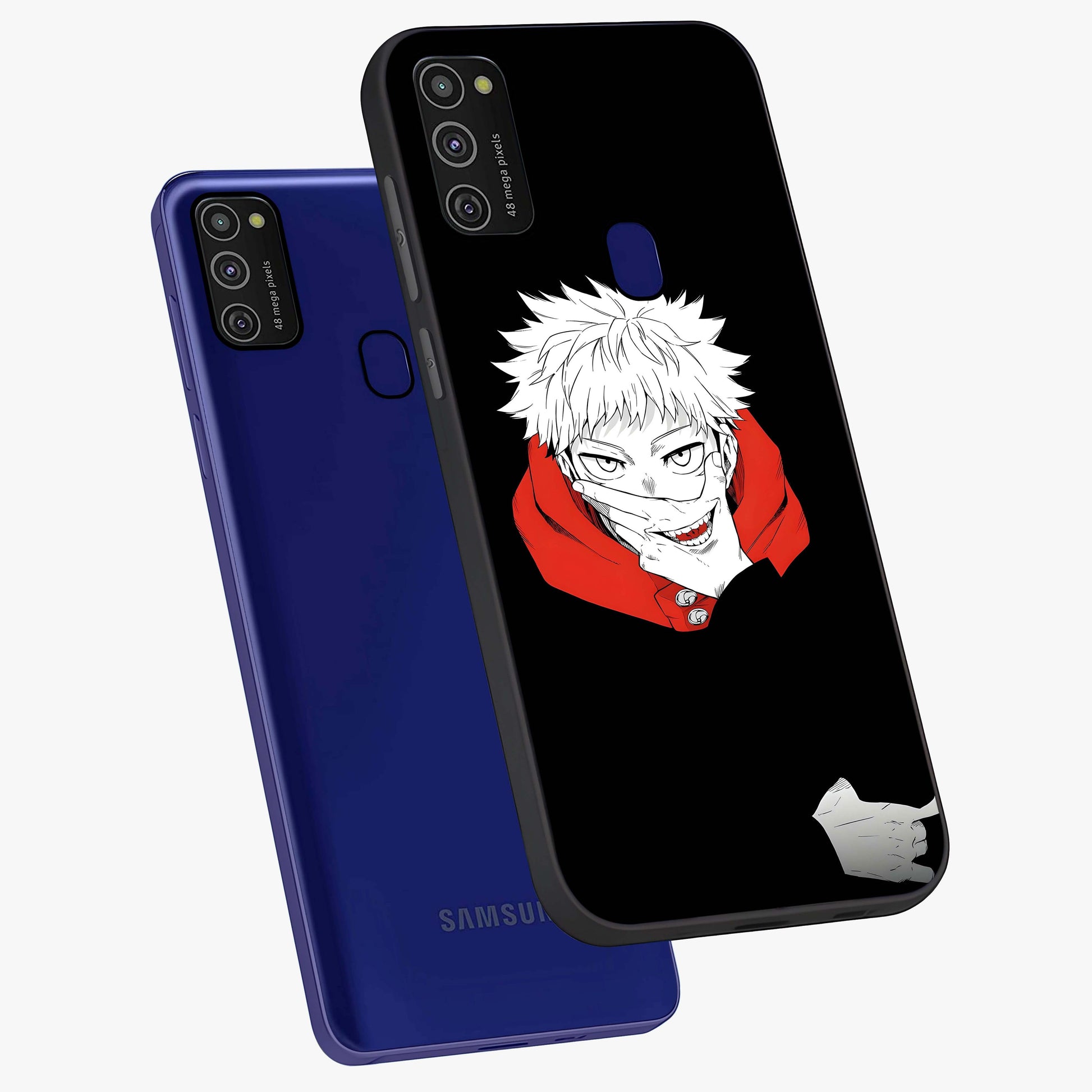 Crimson Chaos Smile Glass Case displayed in angled mockup highlighting edgy crimson smile design with graphic aesthetic.