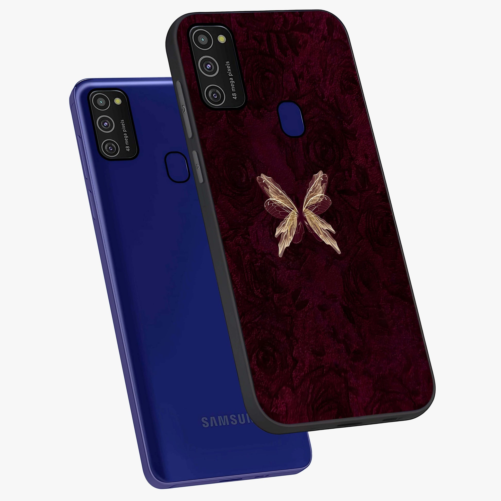 Crimson Fade Butterfly Glass Case displayed in angled mockup highlighting elegant butterfly design with crimson gradient aesthetic.
