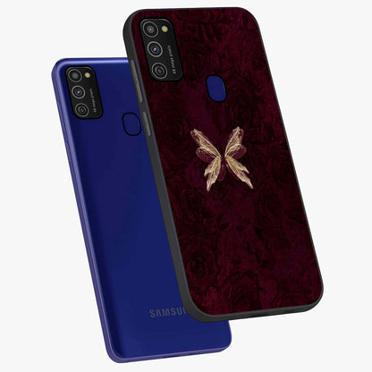 Crimson Fade Butterfly Glass Case displayed in angled mockup highlighting elegant butterfly design with crimson gradient aesthetic.