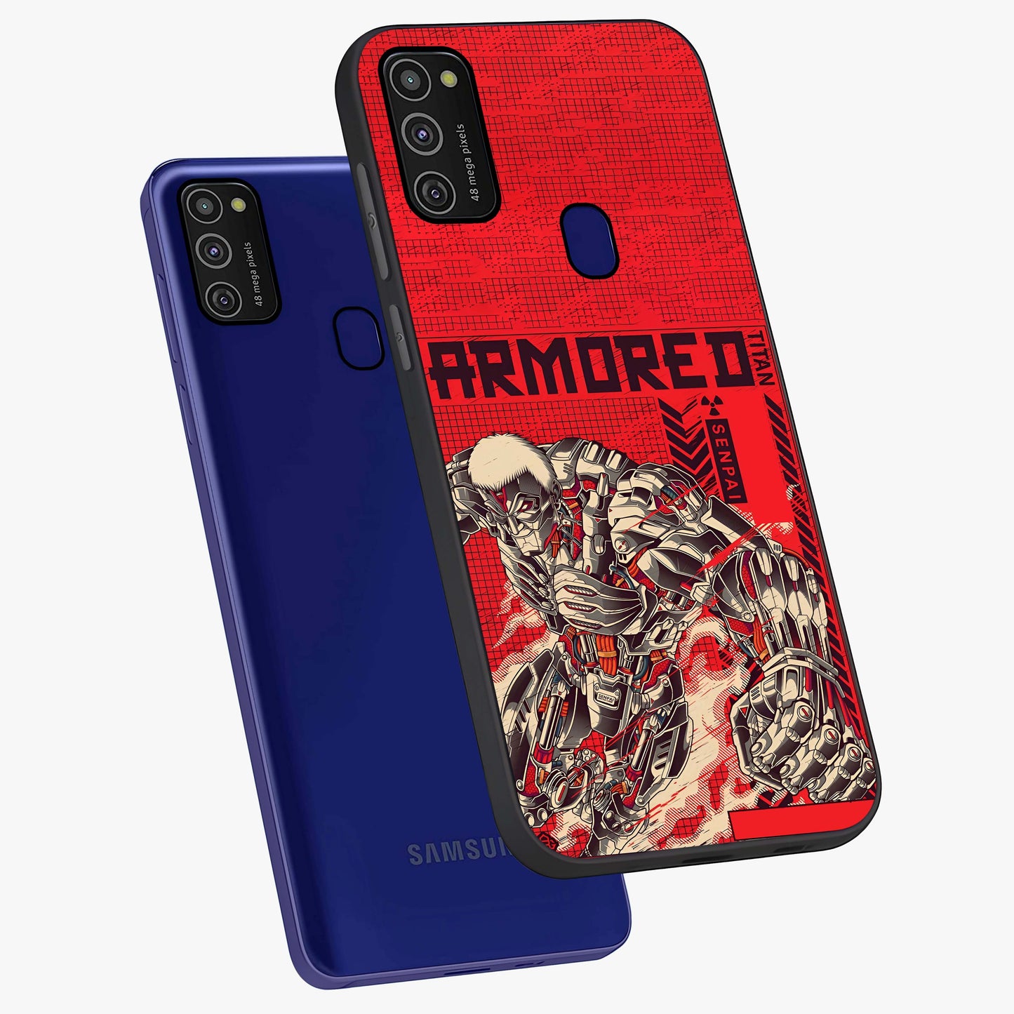 Crimson Mecha Titan Glass Case displayed in angled mockup highlighting futuristic mech illustration with bold crimson aesthetic.