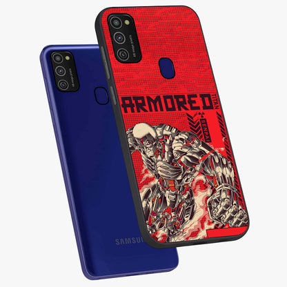 Crimson Mecha Titan Glass Case displayed in angled mockup highlighting futuristic mech illustration with bold crimson aesthetic.