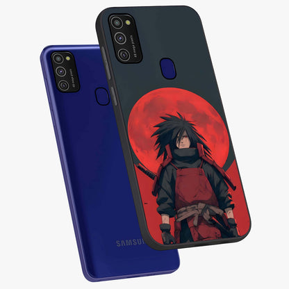 Crimson Moon Warlord Glass Case displayed in angled mockup highlighting dramatic crimson moon design with fantasy aesthetic.