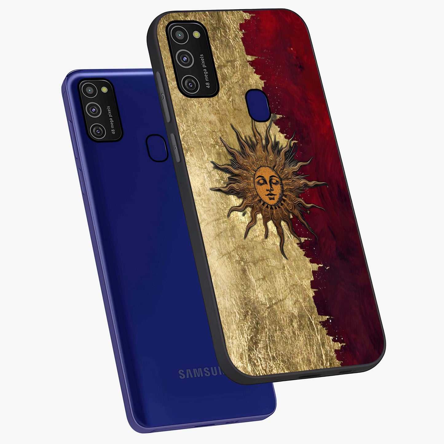 Crimson Sun Majesty Glass Case displayed in angled mockup highlighting majestic crimson sun design with bold aesthetic style.