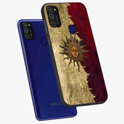 Crimson Sun Majesty Glass Case displayed in angled mockup highlighting majestic crimson sun design with bold aesthetic style.