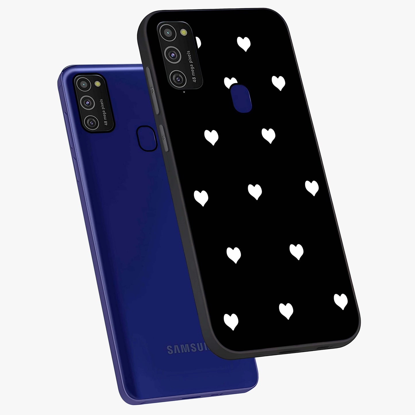 Cute And Simple White Hearts Glass Case displayed in angled mockup highlighting cute heart design with clean aesthetic style.