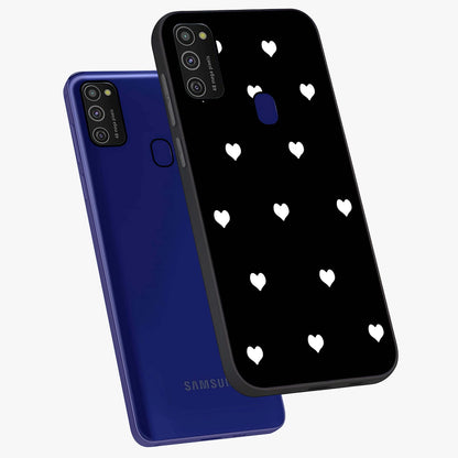 Cute And Simple White Hearts Glass Case displayed in angled mockup highlighting cute heart design with clean aesthetic style.