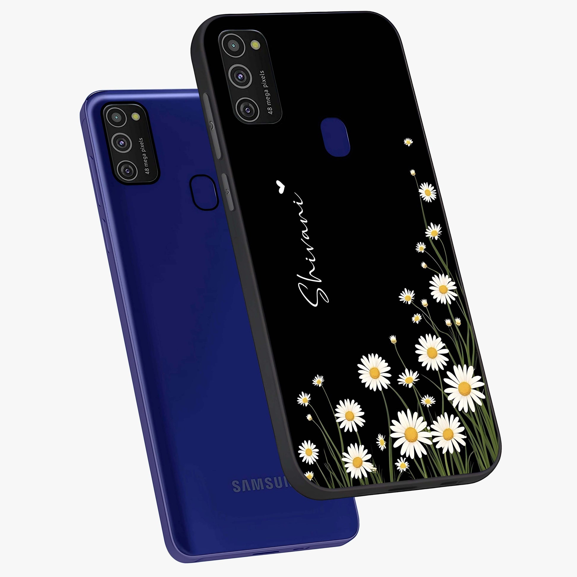 Daisy Cascade Custom Name Glass Case displayed in angled mockup highlighting delicate daisy artwork with custom name feature.
