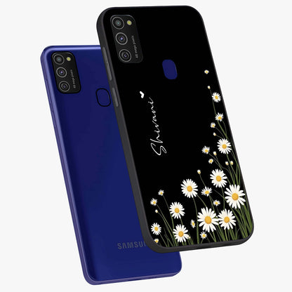 Daisy Cascade Custom Name Glass Case displayed in angled mockup highlighting delicate daisy artwork with custom name feature.