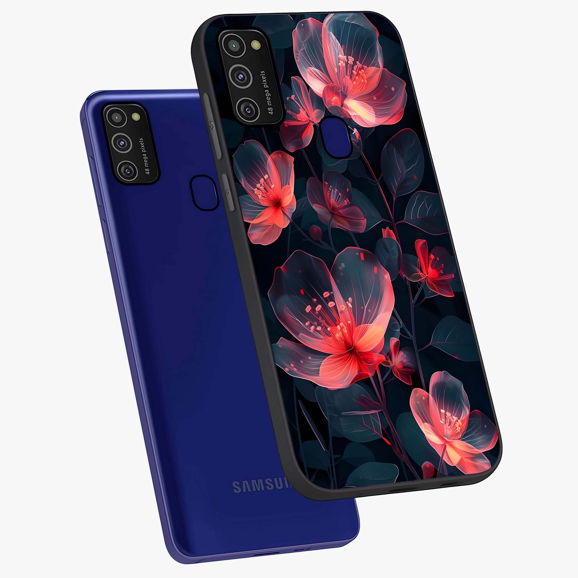 Dark Shade of Flower Glass Case displayed in angled mockup highlighting moody floral illustration with aesthetic dark tones.