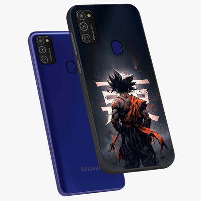 Dark Warrior In Rain Glass Case displayed in angled mockup highlighting dramatic warrior illustration with dark rain aesthetic.