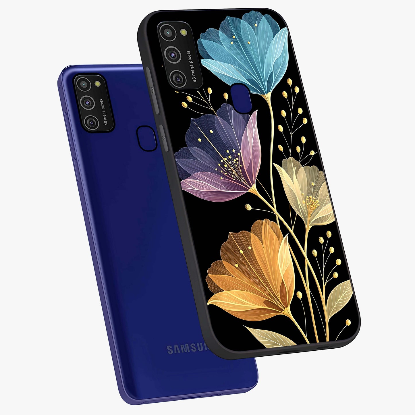 Delicate Multicolor Flowers Glass Case displayed in angled mockup highlighting colorful flower pattern with soft aesthetic style.