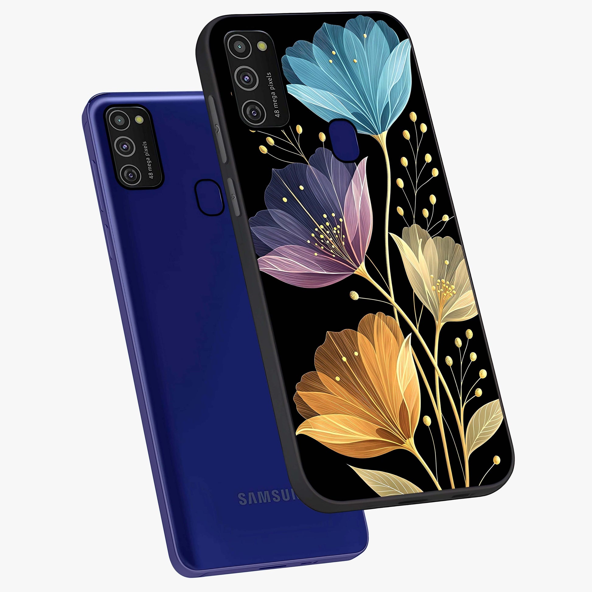 Delicate Multicolor Flowers Glass Case displayed in angled mockup highlighting colorful flower pattern with soft aesthetic style.