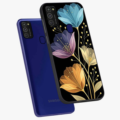 Delicate Multicolor Flowers Glass Case displayed in angled mockup highlighting colorful flower pattern with soft aesthetic style.