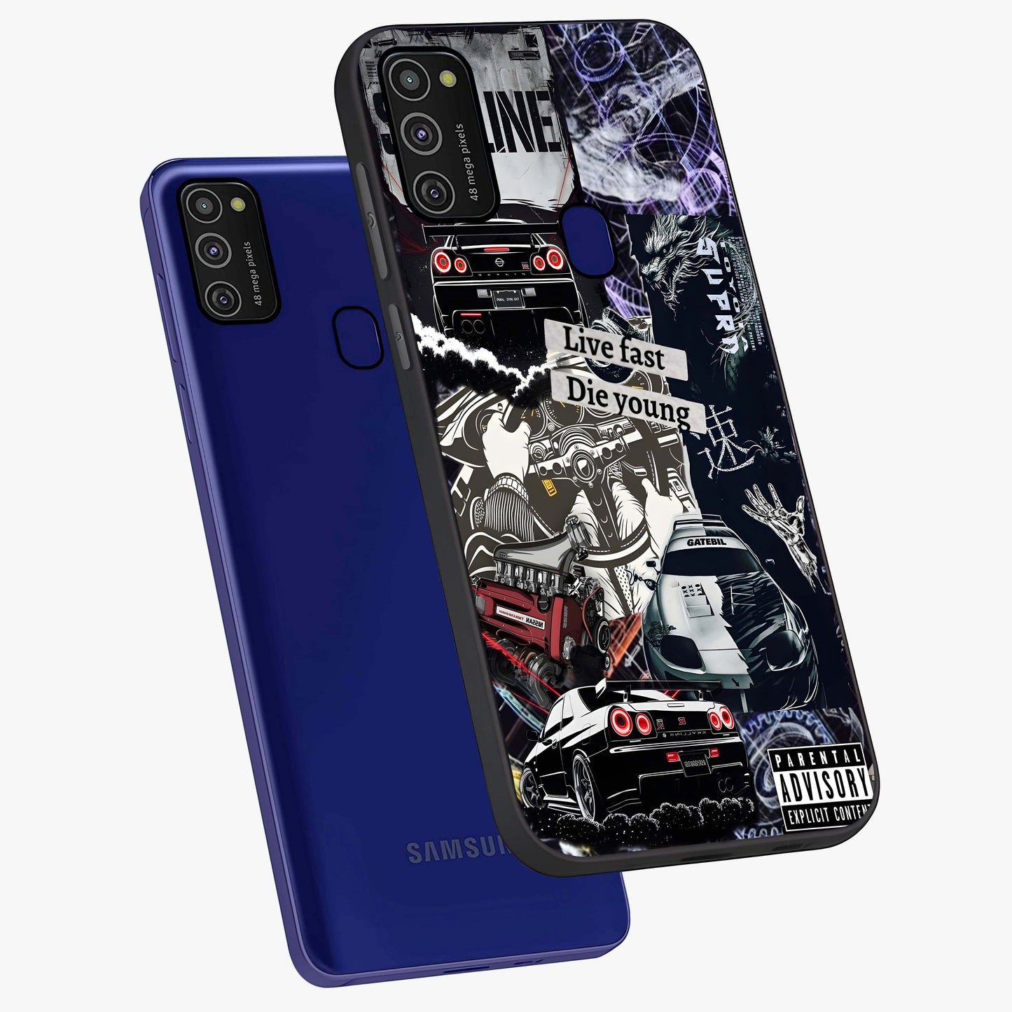 Die Young Glass Case displayed in angled mockup highlighting expressive graphic artwork with edgy aesthetic style.
