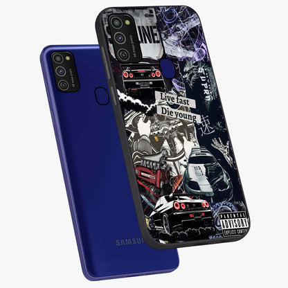 Die Young Glass Case displayed in angled mockup highlighting expressive graphic artwork with edgy aesthetic style.