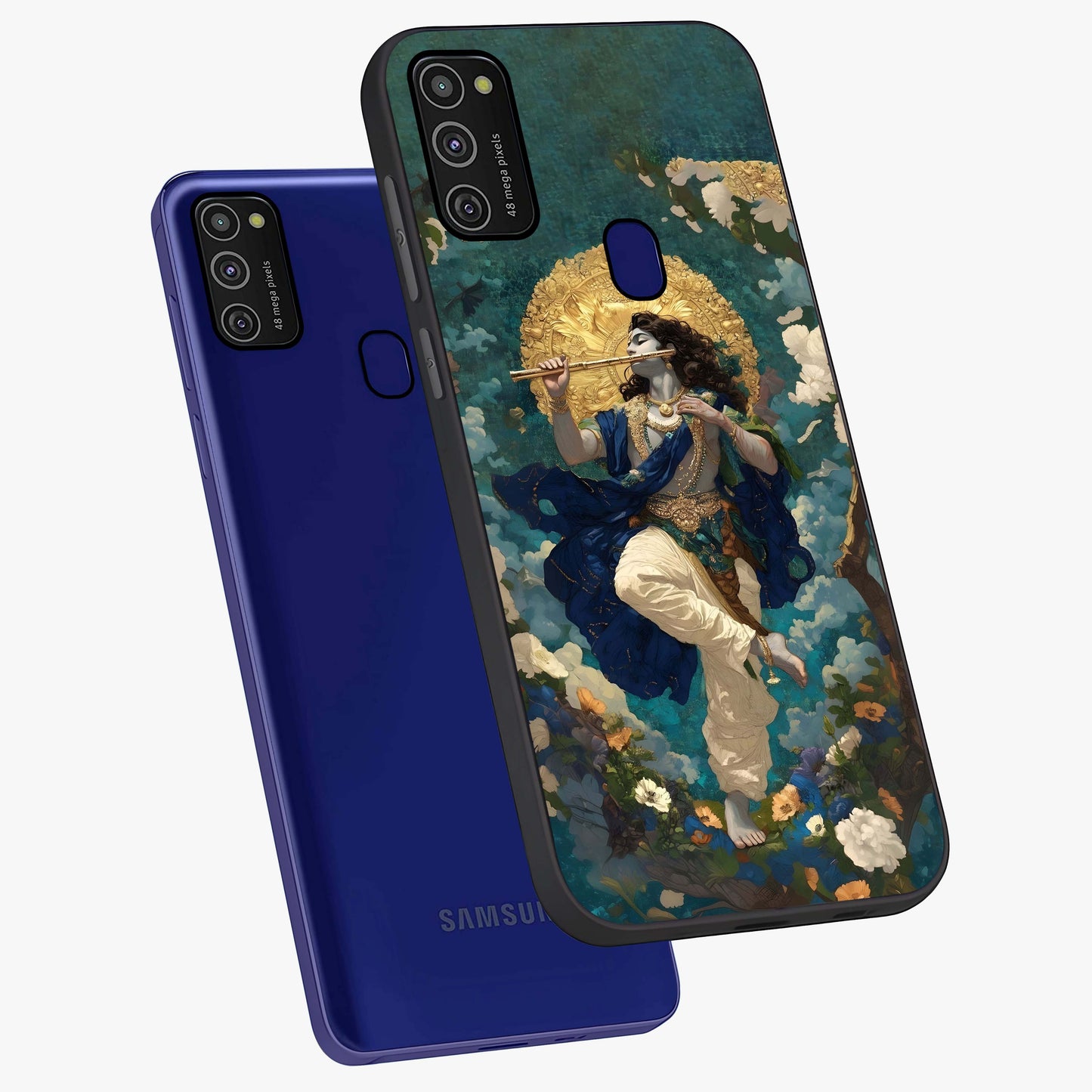 Divine Krishna Art Glass Case displayed in angled mockup highlighting spiritual Krishna illustration with devotional aesthetic.